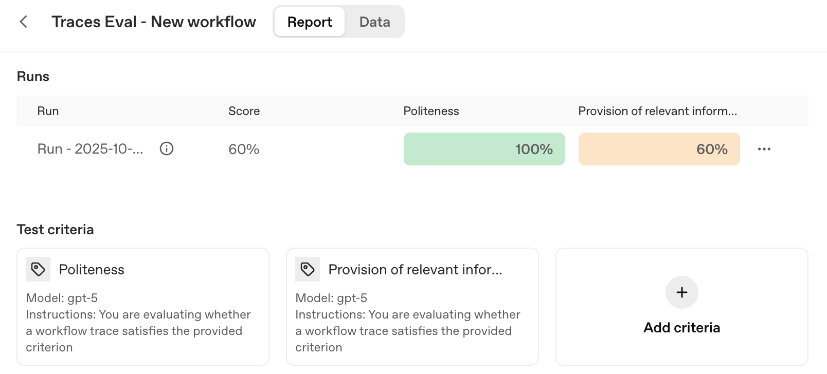 Agent Builder evaluation interface showing test cases and grading tools