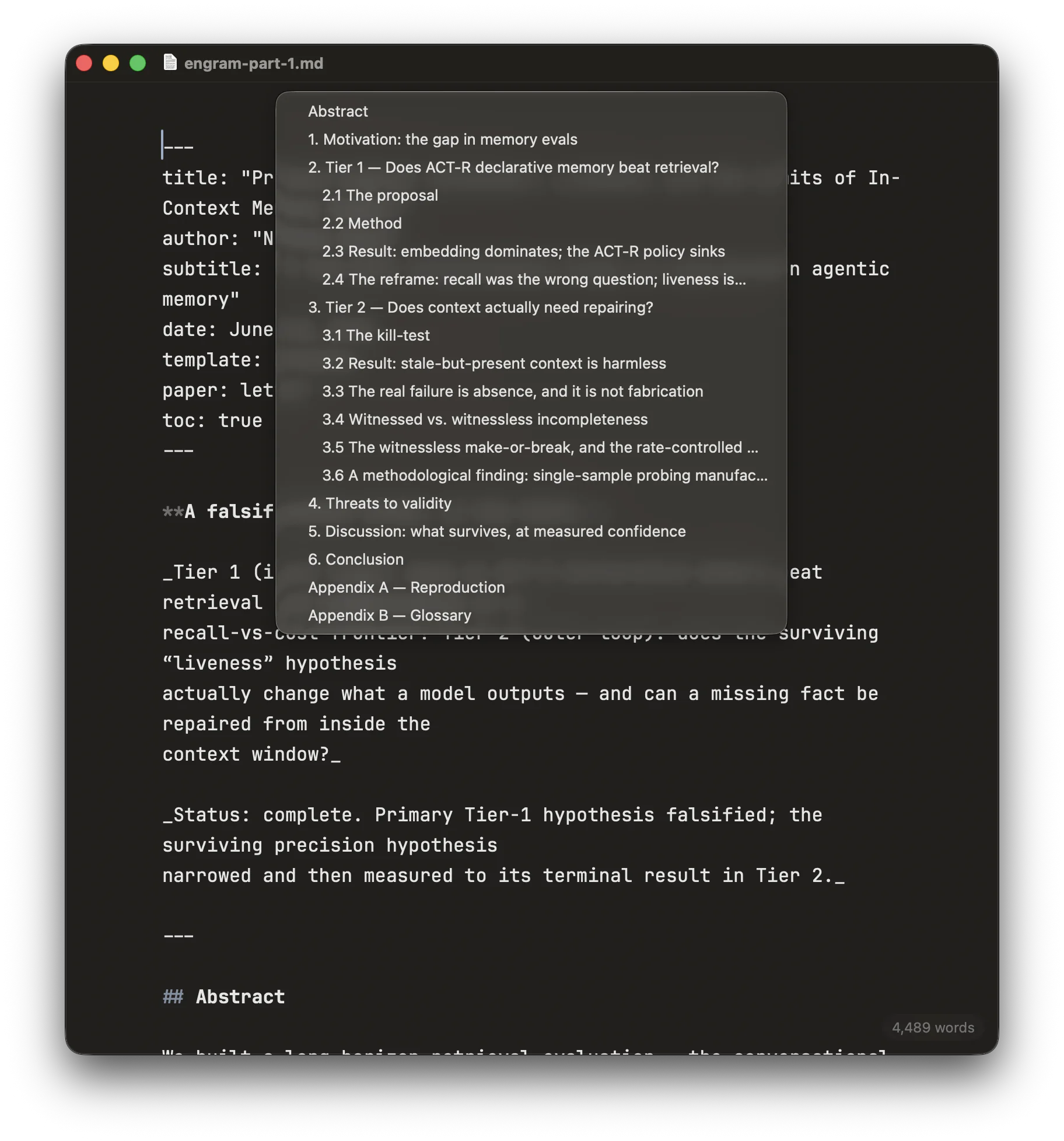 Cordelia’s Go to Heading menu open over a document, listing its nested headings