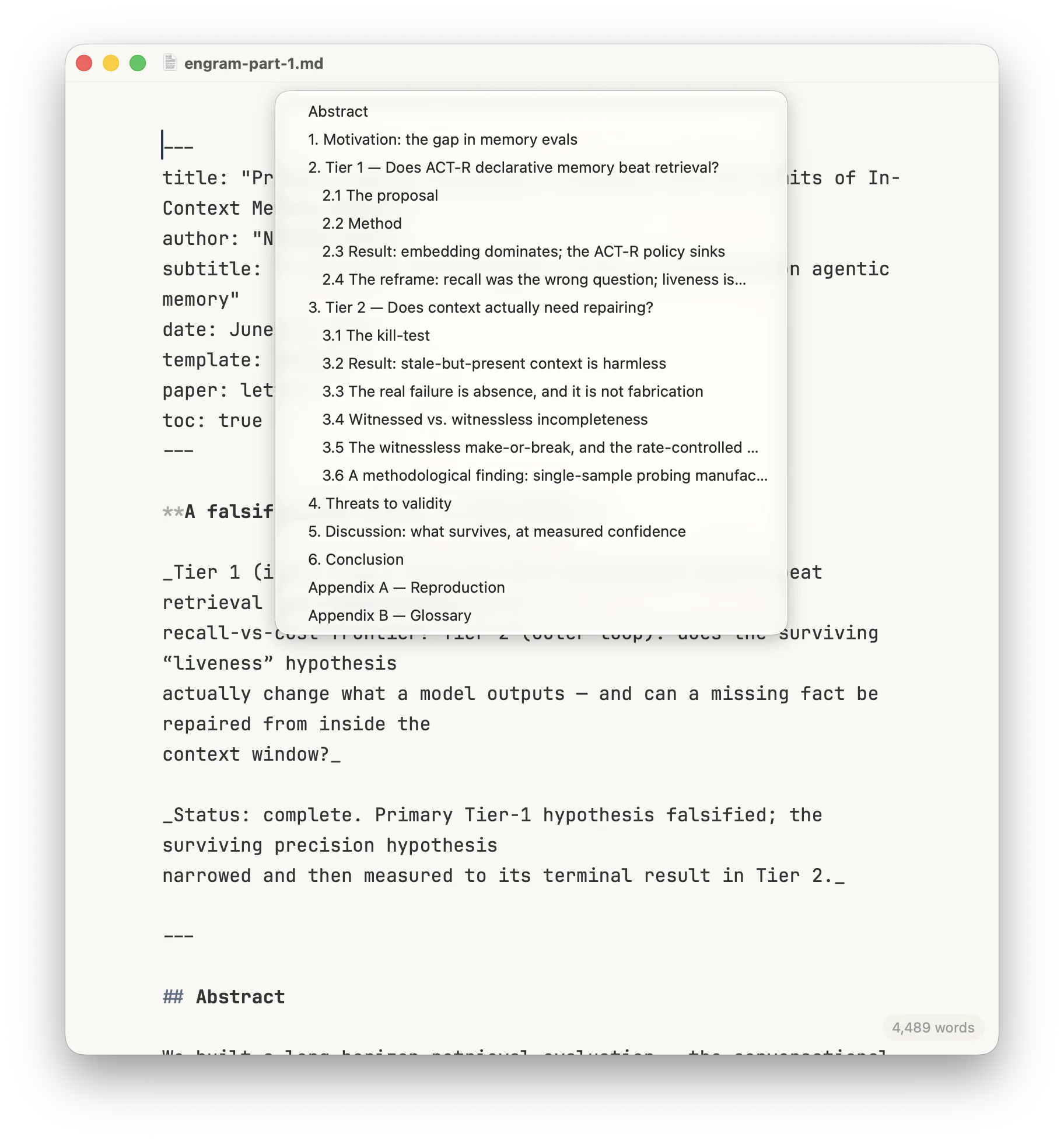 Cordelia’s Go to Heading menu open over a document, listing its nested headings