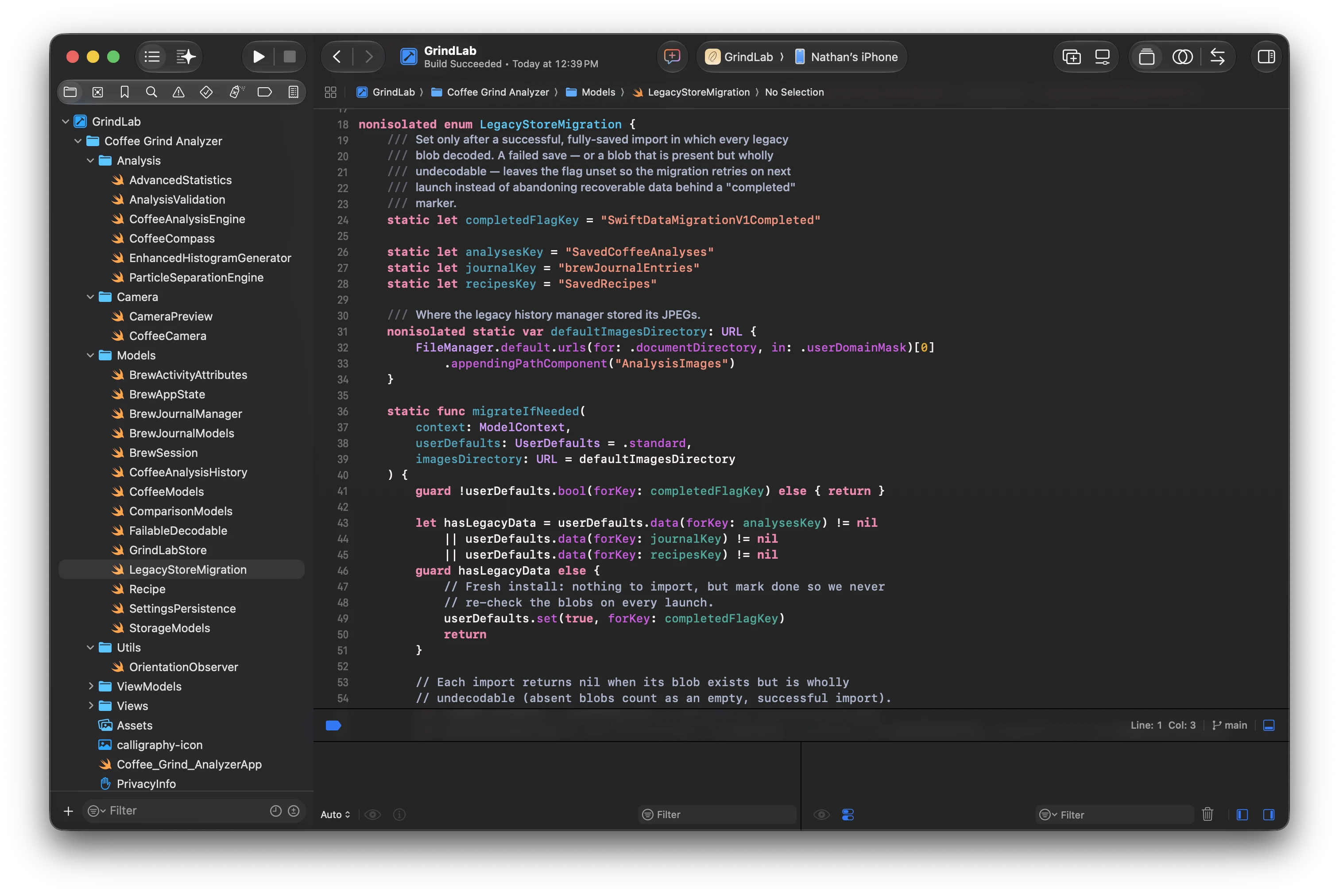 The LegacyStoreMigration implementation in Xcode, which imports legacy preference blobs into the new SwiftData store