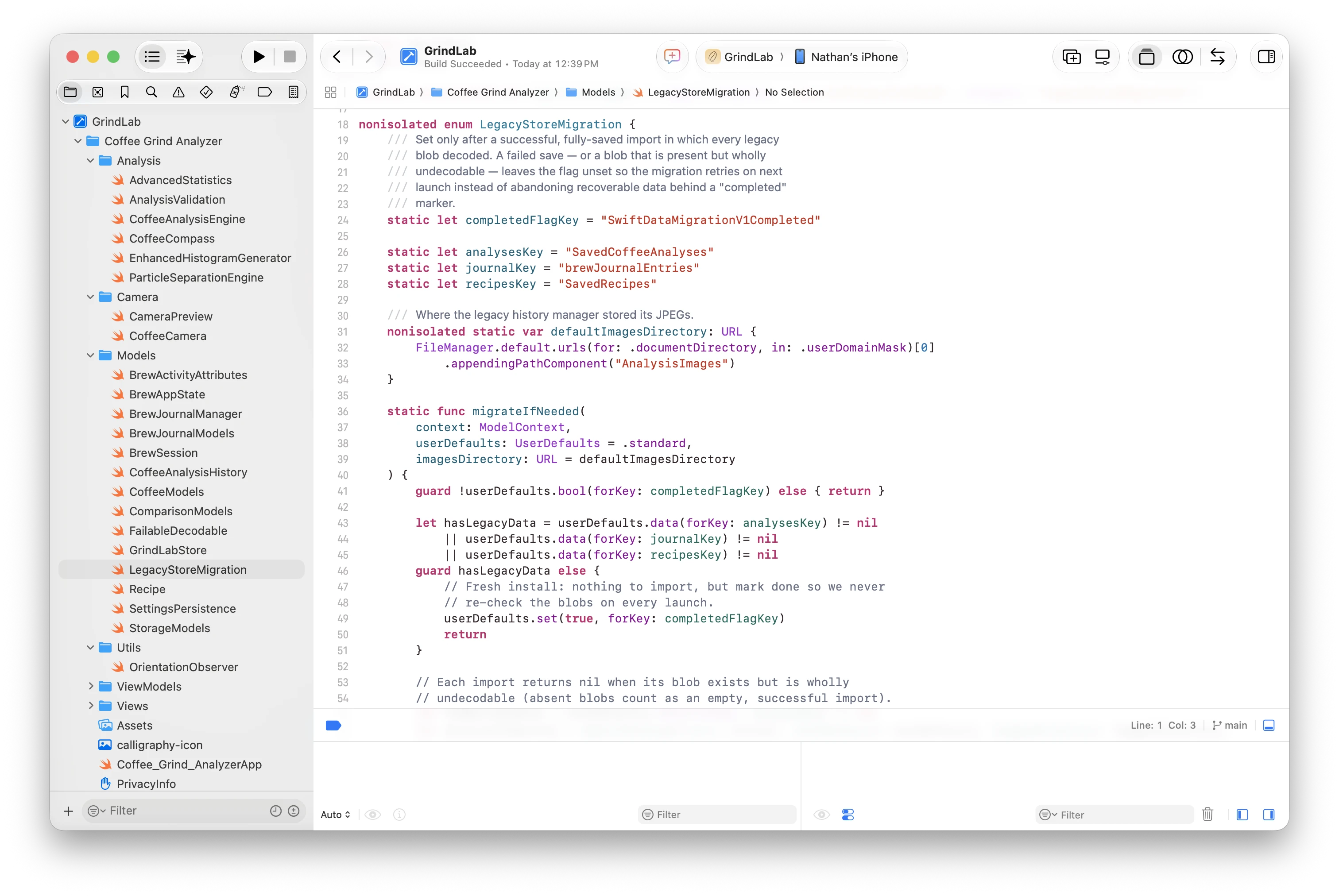 The LegacyStoreMigration implementation in Xcode, which imports legacy preference blobs into the new SwiftData store
