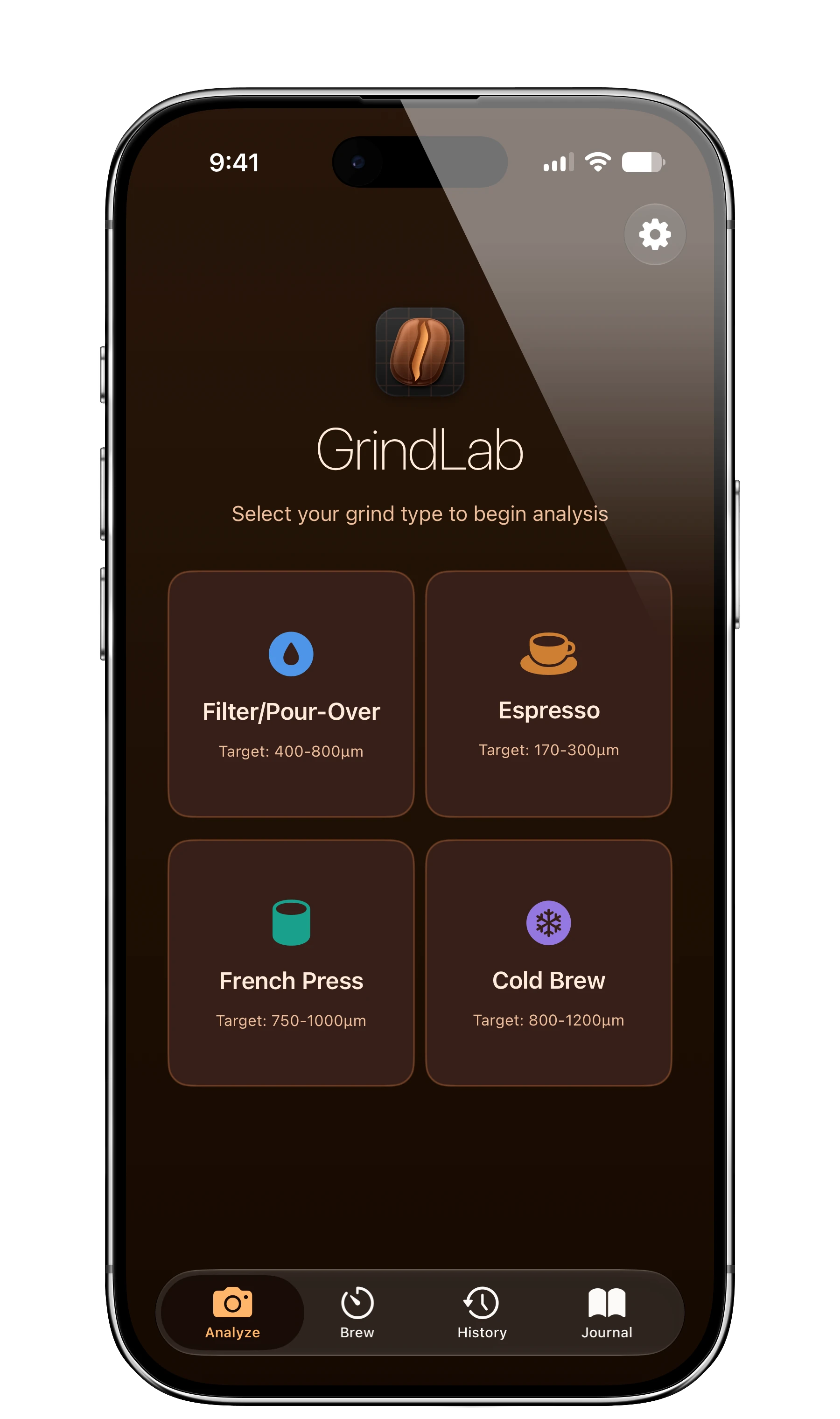 GrindLab home screen after the iOS 27 overhaul, with an espresso dark theme and color-coded brew methods