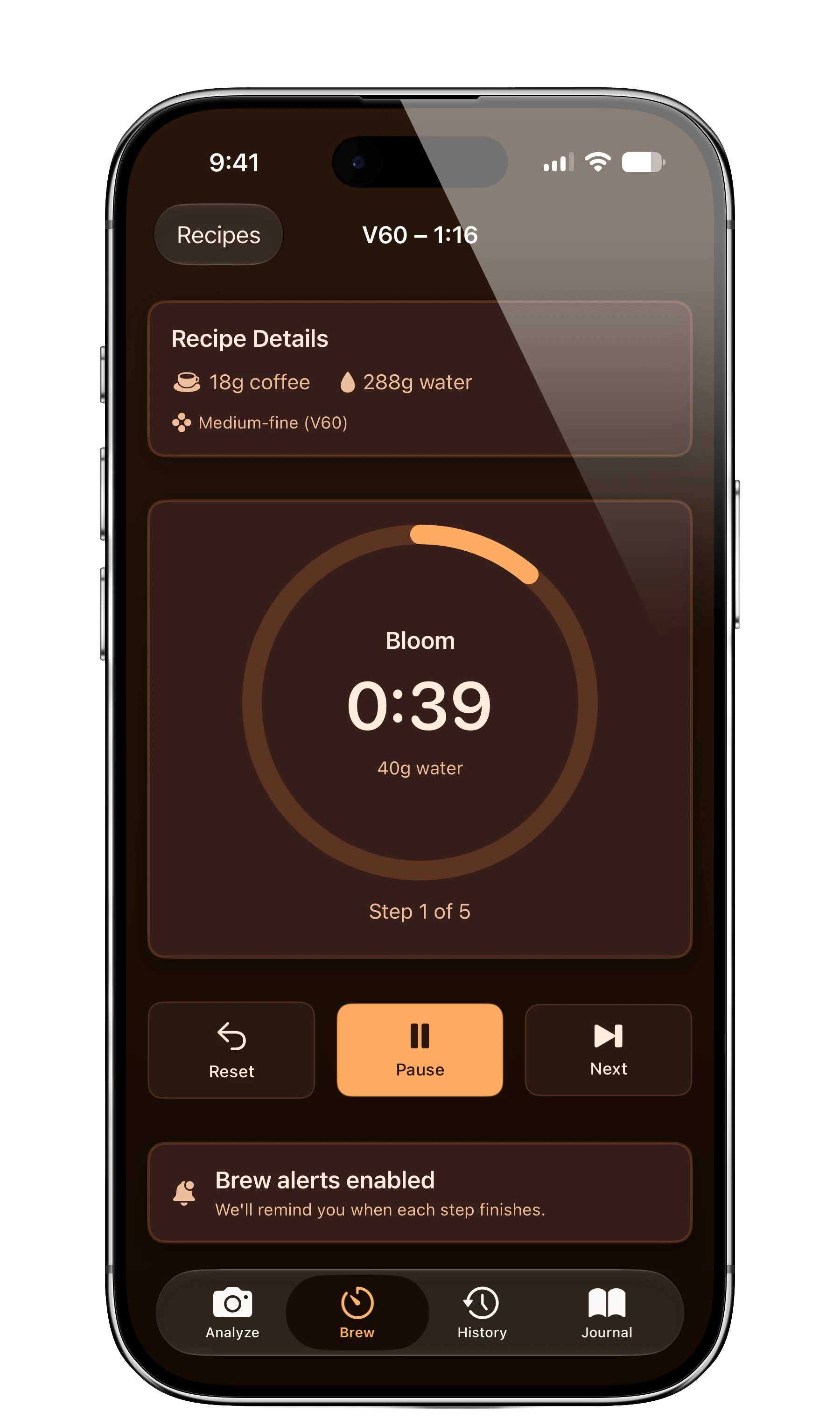 GrindLab brew timer showing the bloom step with an amber progress ring