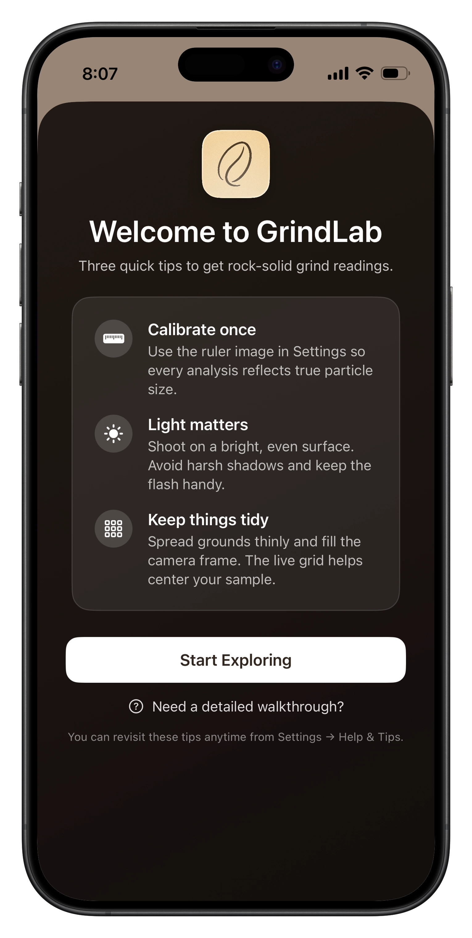 GrindLab welcome screen showing the app logo and interface