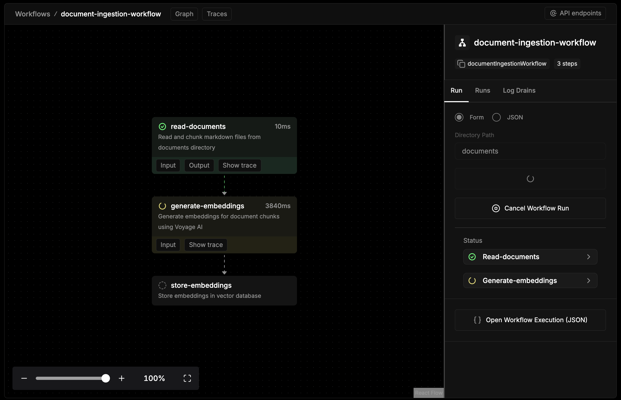Screenshot of Mastra document ingestion workflow showing the steps: read documents, generate embeddings, and store embeddings